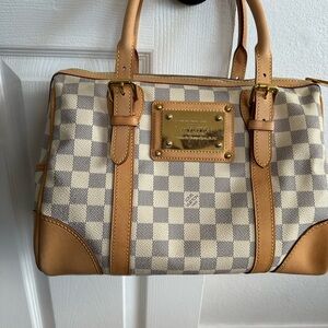 Louis Vuitton Damier Azur Satchel in Cream & Tan Leather with Gold Plate